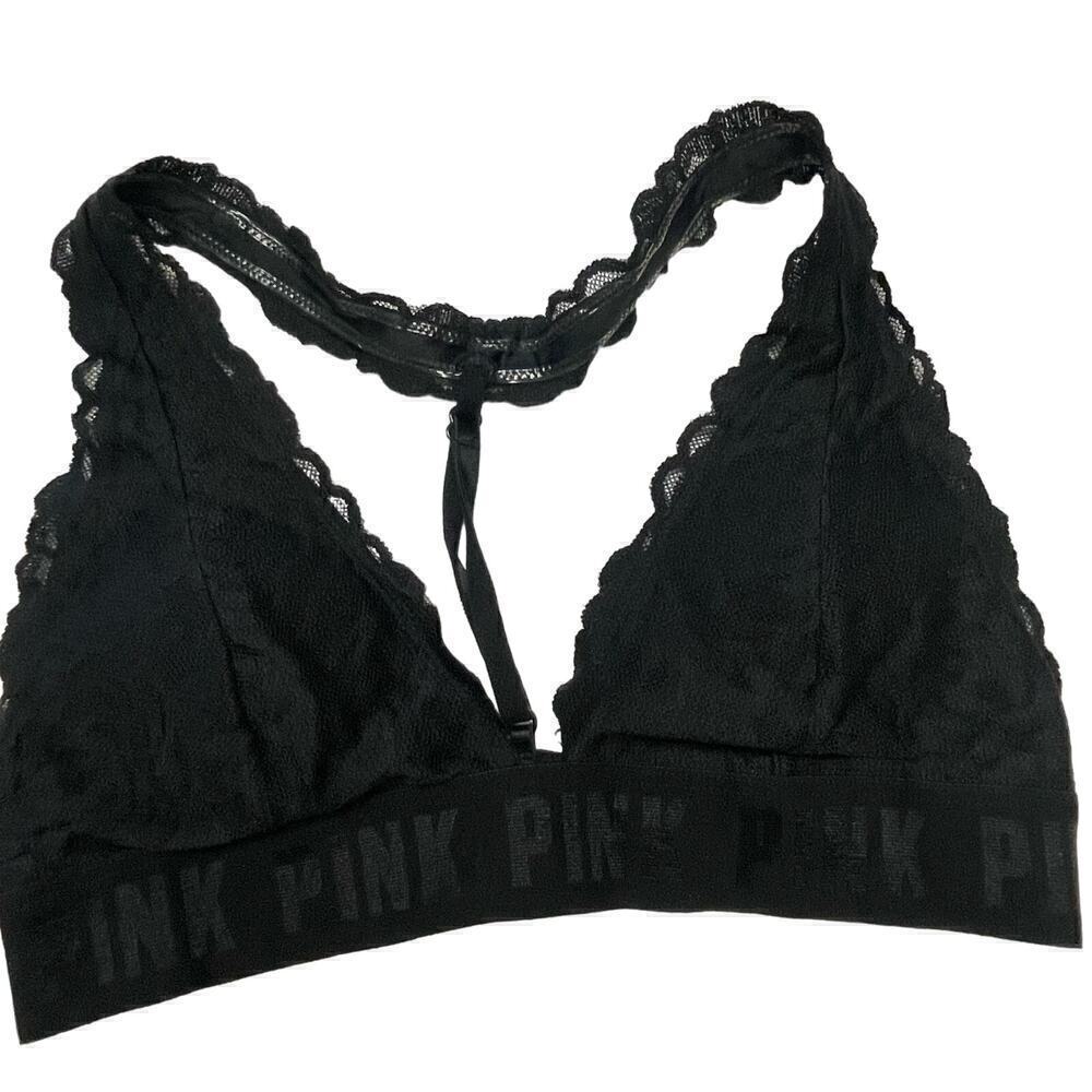 PINK Black Lace Racerback Bralette Size Small Logo